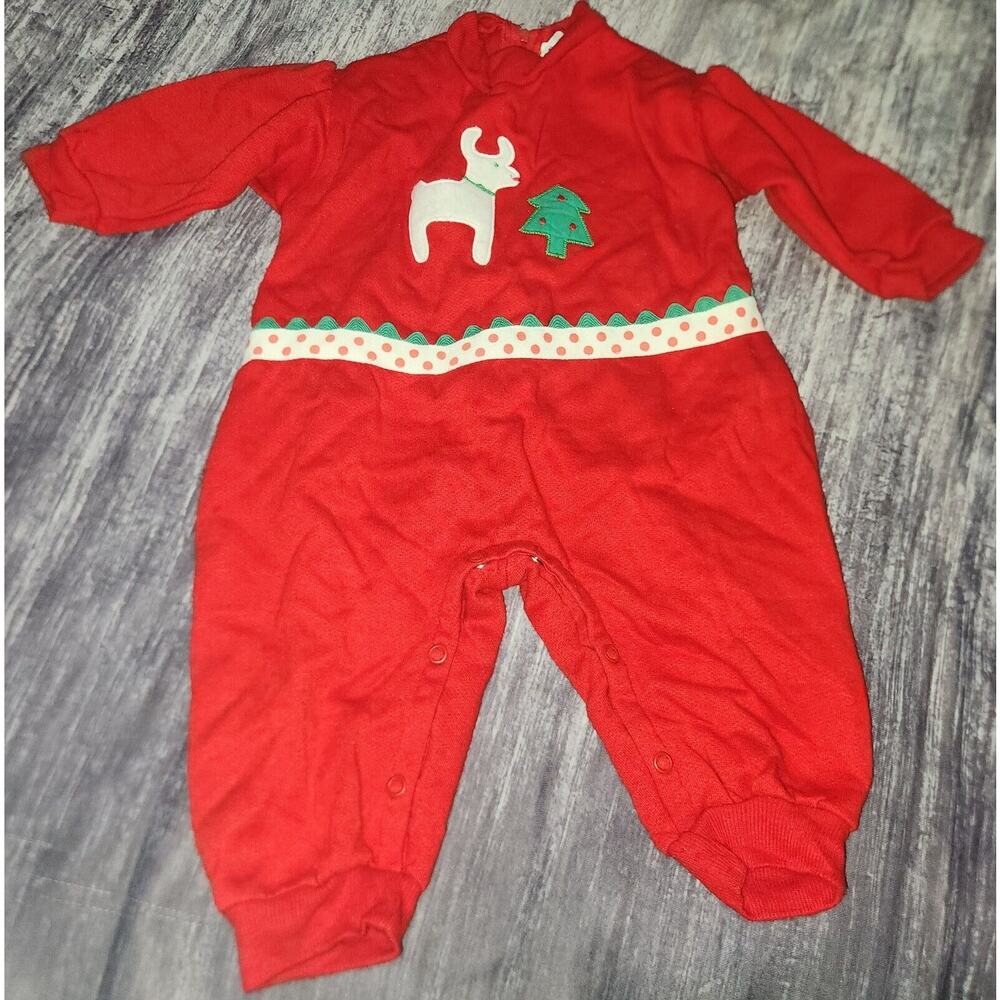 Vintage Ruth Scharf Red Baby Romper Pajamas Christmas Reindeer‎ USA 12M